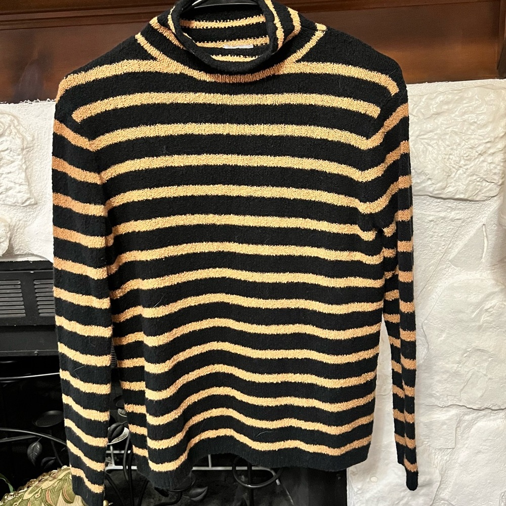 J. Crew Women’s Sweater Black and Tan Striped Mock Turtleneck Sweater Size XXS